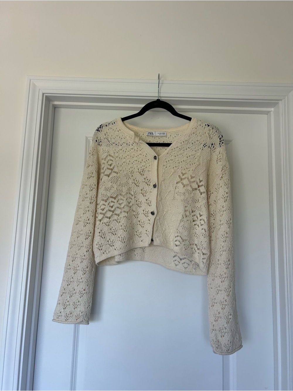 Zara Ivory Crochet Button-Up Cardigan